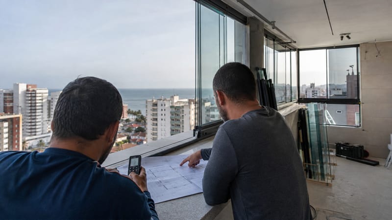 Dois profissionais da VETRA conferindo a planta e medindo o vão de uma varanda envidraçada em obra, com vista para o mar